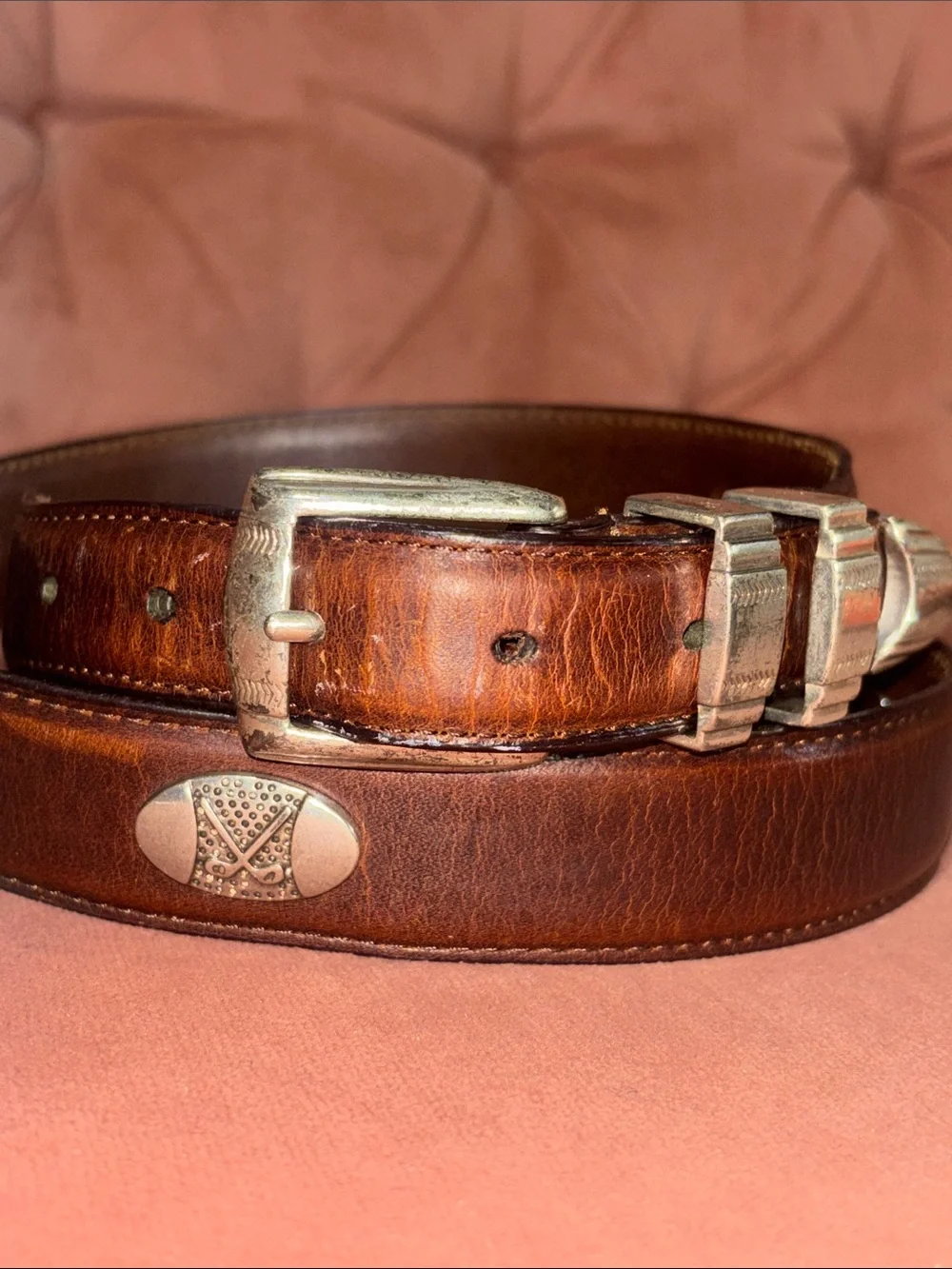 Vintage Danbury brown leather belt golf club concho preppy silver buckle belt